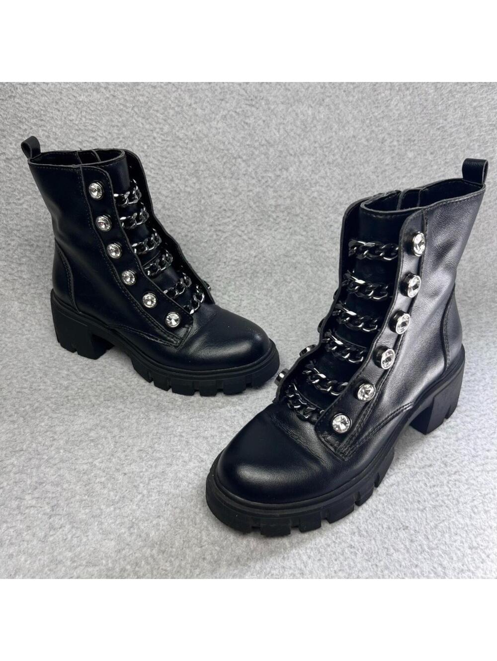 Steve Madden Huddle Black Leather Combat Boots 6US Crystal Chain Chunky Lug Sole